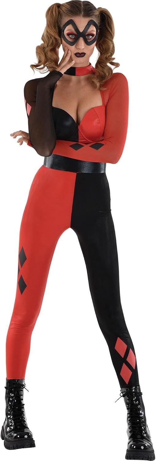 Party City Harley Quinn Costume for Women - DC Comics Harley Costume Includes Catsuit, Eyemask, & Belt - Costumes for Halloween, Birthday Parties & Themed Events
