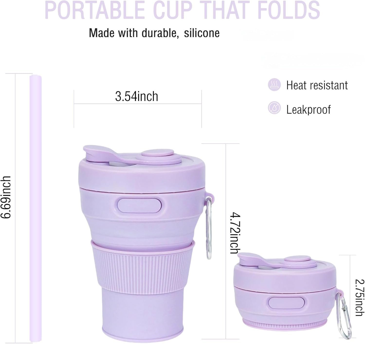 Silicone Collapsible Travel Mug Purple 15oz / 450ml - Leak-Proof Reusable Silicone Water Bottle for Hot and Cold Beverages - Travel Office and Home - Dishwasher Safe - Straw Included - Image 2