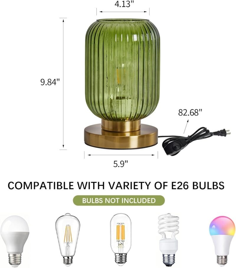 Glass Table Lamps Mid Century Modern Globe, Dimmable Green Table Lamp for Nightstand, Small Gold Table Lamp, Green Pumpkin Design Ribbed Glass Vintage Bedside Lamp for Bedroom Living Room Office - Image 3
