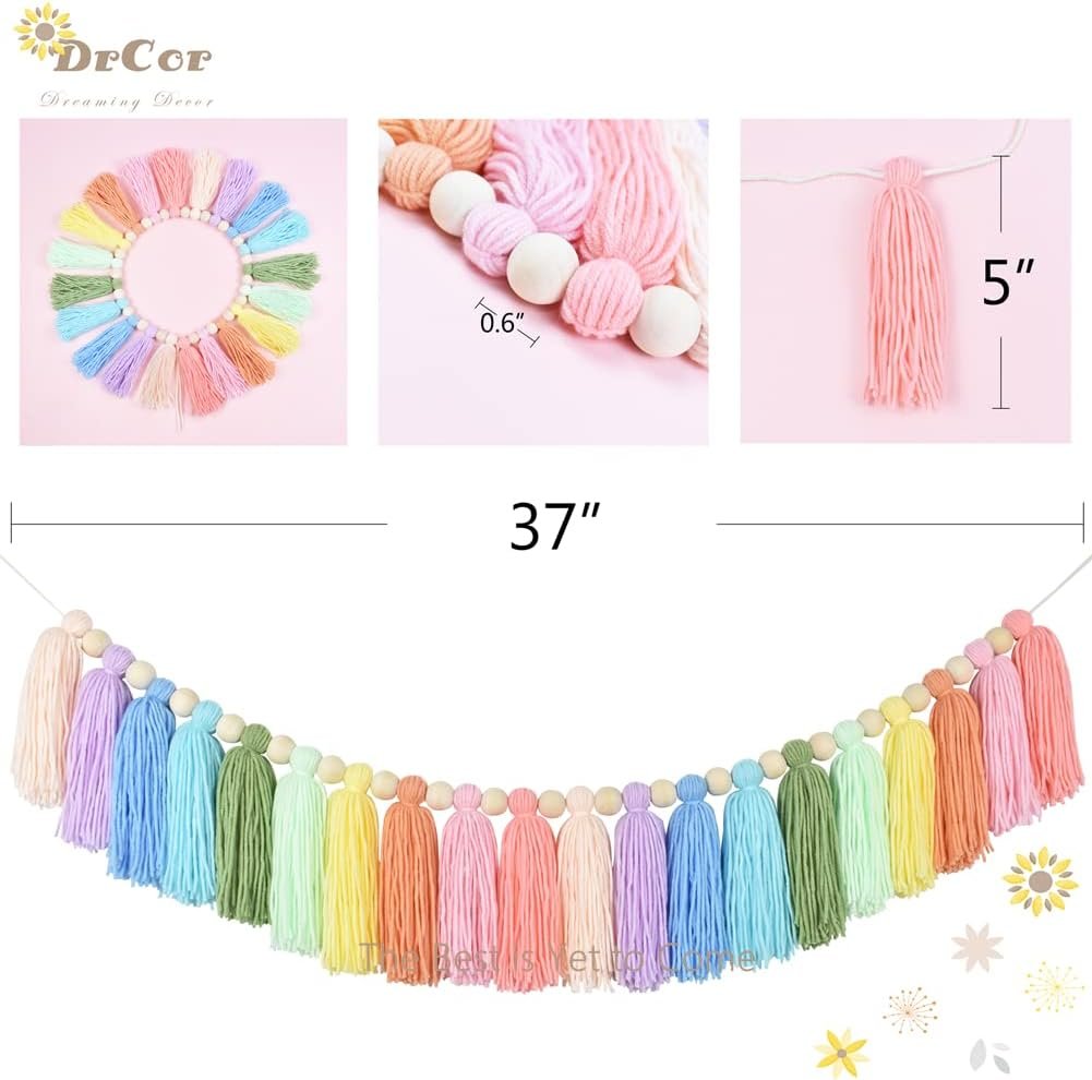 DrCor Pastel Rainbow Tassel Garland – Handmade Colorful Yarn Bunting Banner for Spring Classroom, Nursery, Kids Room, Baby Shower, Birthday Party, Back to School, Office Decor - Image 2
