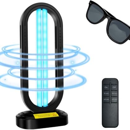 UV Light Sanitizer,4-Speed Timing and Remote Control UVC Home Disinfection Device,Portable Ultraviolet Light Sanitizer for Dust Mites,UV Lamp for Whole Room,Black