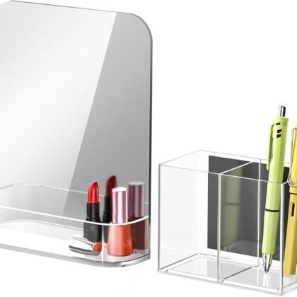 NiHome Magnetic Acrylic Locker Accessories Kit, Locker Mirror & Pen Holder Makeup Brush Holder - Eyebrow Stationery Locker Organizer with Mirror for School, Office, Gym Lockers & Home Fridge Use