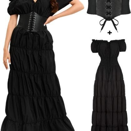 BITSEACOCO Women Medieval Renaissance Dress, Halloween Pirate Peasant Witch Costume, Irish Fairy Chemise Long Dresses
