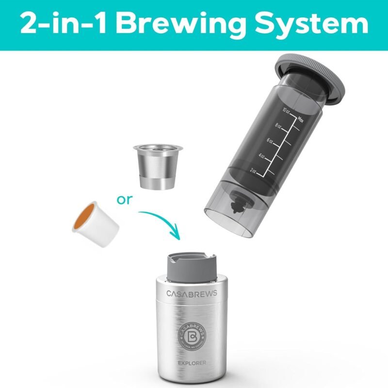 CASABREWS KP3000 Portable Coffee Maker, 2 in 1 Small Travel Coffee Machine for K Cup Pod or Ground Coffee, Quick Coffee Press Kit with Stainless Steel Cup, Cup Lid, Straw and Storage Bag - Image 3
