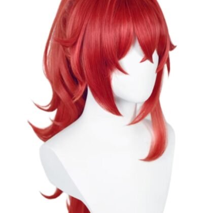 Diluc Cosplay Wig Red Ponytail Princess Wig with Bangs Red Pigtail Wigs for Women Men Halloween Party