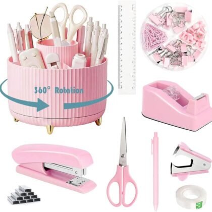 Pink Desk Organizers and Accessories 10Pcs Set with 360-Degree Rotating Pen Holder, Tape Dispenser, Stapler, Staple Remover, 1000 Staples, Tape, Clips Set, Ruler, Scissor, Pen (Pink)