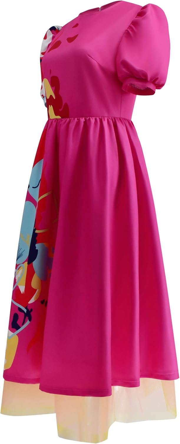 Women Weird Doll Costume Dress with Socks Pink Puff Short Sleeve Printed Dresses for Halloween - Image 3