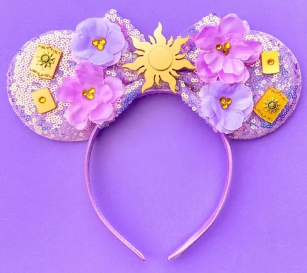 CLGIFT Princess Minnie Ears,Pick your color, Flower Minnie Ears, Floral minnie ears, Purple Sparkle Mouse Ears (Sun Rap)