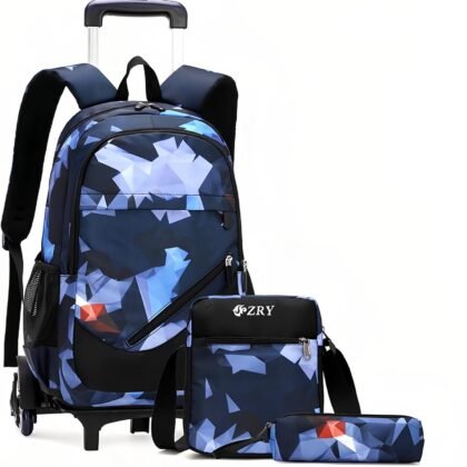 3Pcs Blue Geometric Print Boys Rolling Backpack Set with Crossbody Bag, Capacity Trolley School Bags Elementary Bookbags with 6 Wheels