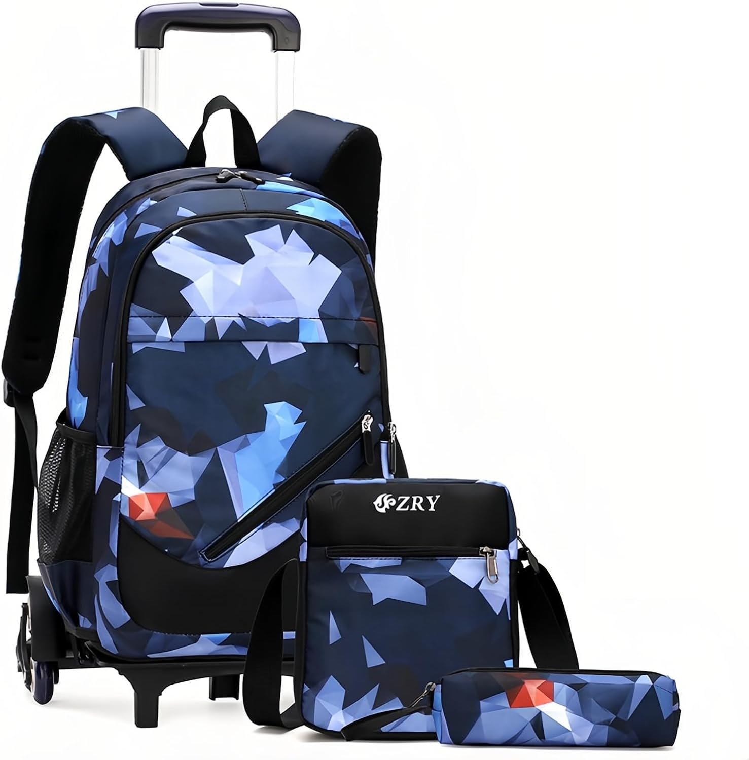 3Pcs Blue Geometric Print Boys Rolling Backpack Set with Crossbody Bag, Capacity Trolley School Bags Elementary Bookbags with 6 Wheels