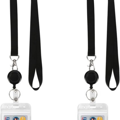 YOUOWO Lanyard Black Retractable Badge Reel with Badge Reel Clip for id Card Badges Holders Vertical Punched Zipper Waterproof 2 Pack
