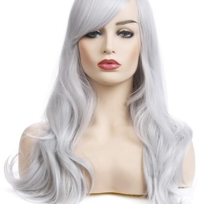 morvally 23 inches Long Curly Wig Big Wave Heat Resistant Synthetic Hair with Bangs for Cosplay Costume Halloween Party (Silver Grey)