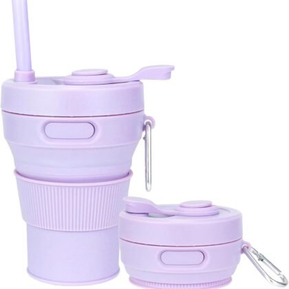 Silicone Collapsible Travel Mug Purple 15oz / 450ml - Leak-Proof Reusable Silicone Water Bottle for Hot and Cold Beverages - Travel Office and Home - Dishwasher Safe - Straw Included