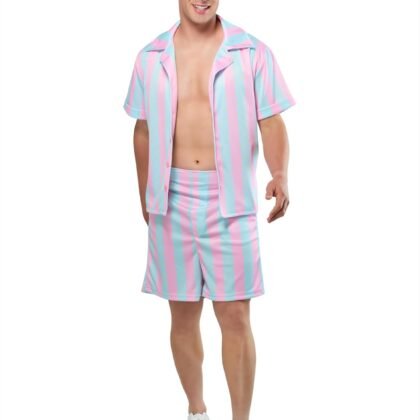 Rubies Barbie Movie Beach Ken Striped Shorts and Shirt Costume in Pink and Light Blue For Adult Men