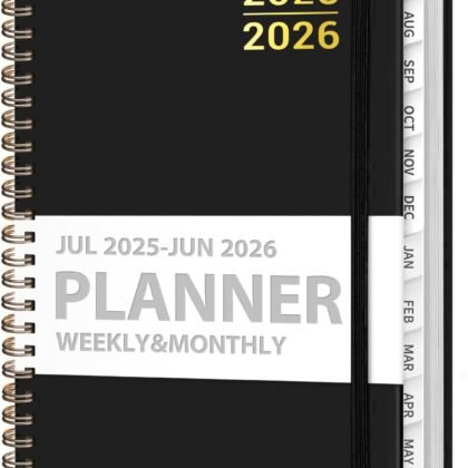 Planner 2025-2026 for Women & Men, Weekly and Monthly Calendar Notebook (July 2025 - June 2026), Hardcover Spiral Bound School Teacher Student Planner with Tabs, Inner Pocket, A5 (6.3" x 8.5") - Black
