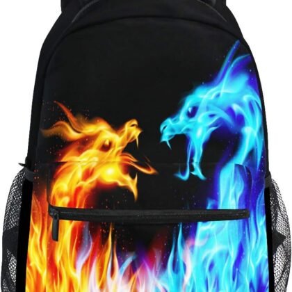 Kcldeci Red Blue Fire Dragon School Backpack Galaxy Teens Girls Boys Kids Bookbag, Monster Animal Water Resistant Elementary Travel Computer Daypack for Age 4-12 Years
