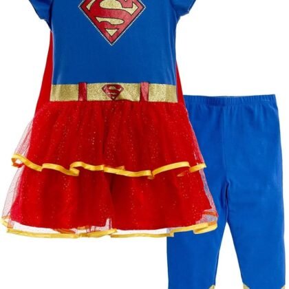 WARNER BROS Justice League Supergirl Batgirl Costume Dress Leggings Cape and Headband 4 Piece Set Newborn to Big Kid