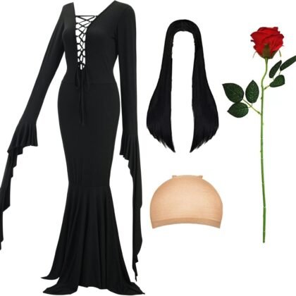 Halloween Costumes for Women - Black Long Dress, Wig with Wig Cap and Artificial Red Roses Flowers