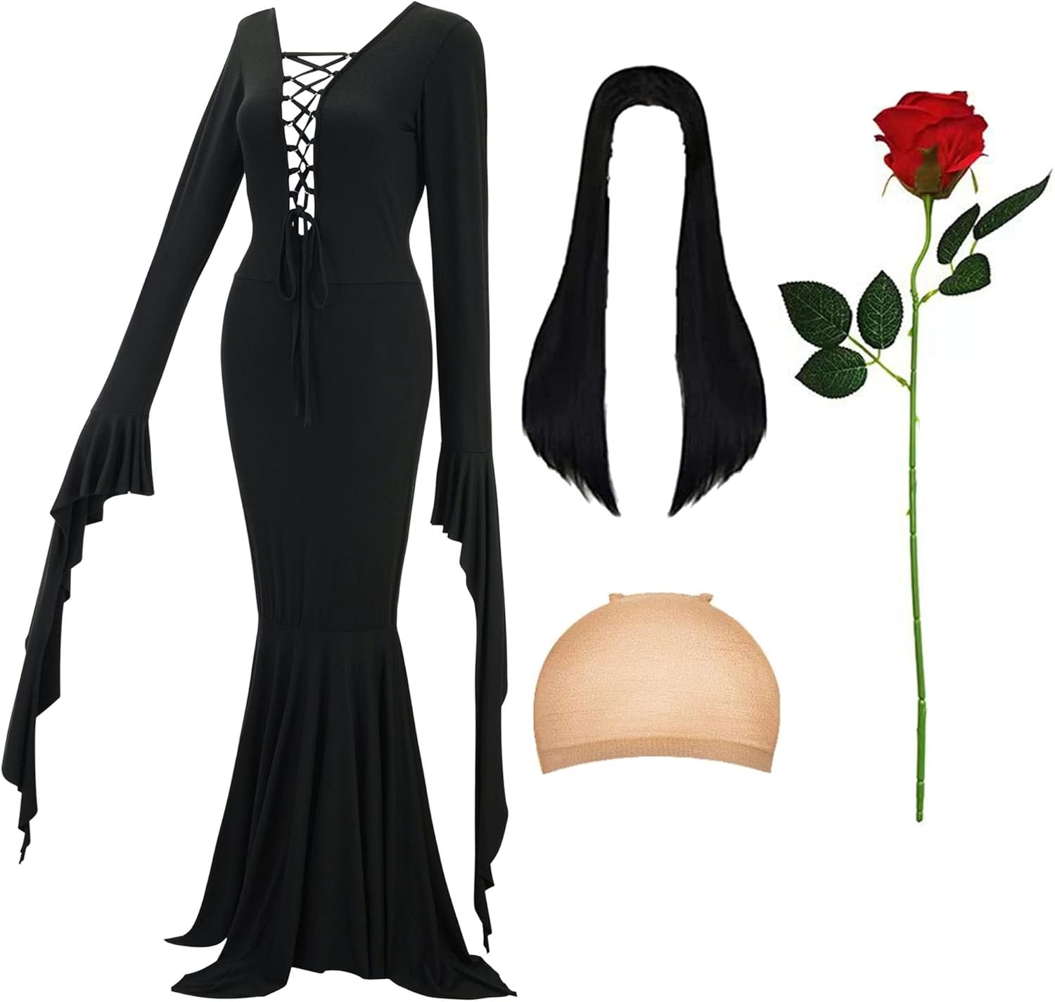 Halloween Costumes for Women - Black Long Dress, Wig with Wig Cap and Artificial Red Roses Flowers