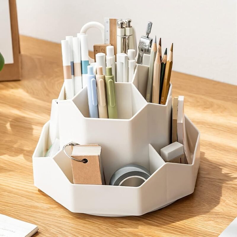 Rotating Art Supply Storage Organizer,Pencil Holder with 9 Compartment, Pen Storage Organizer, for Kids Art Desk, Homeschool Supplies, Home Office Desktop Organizer(White) - Image 9