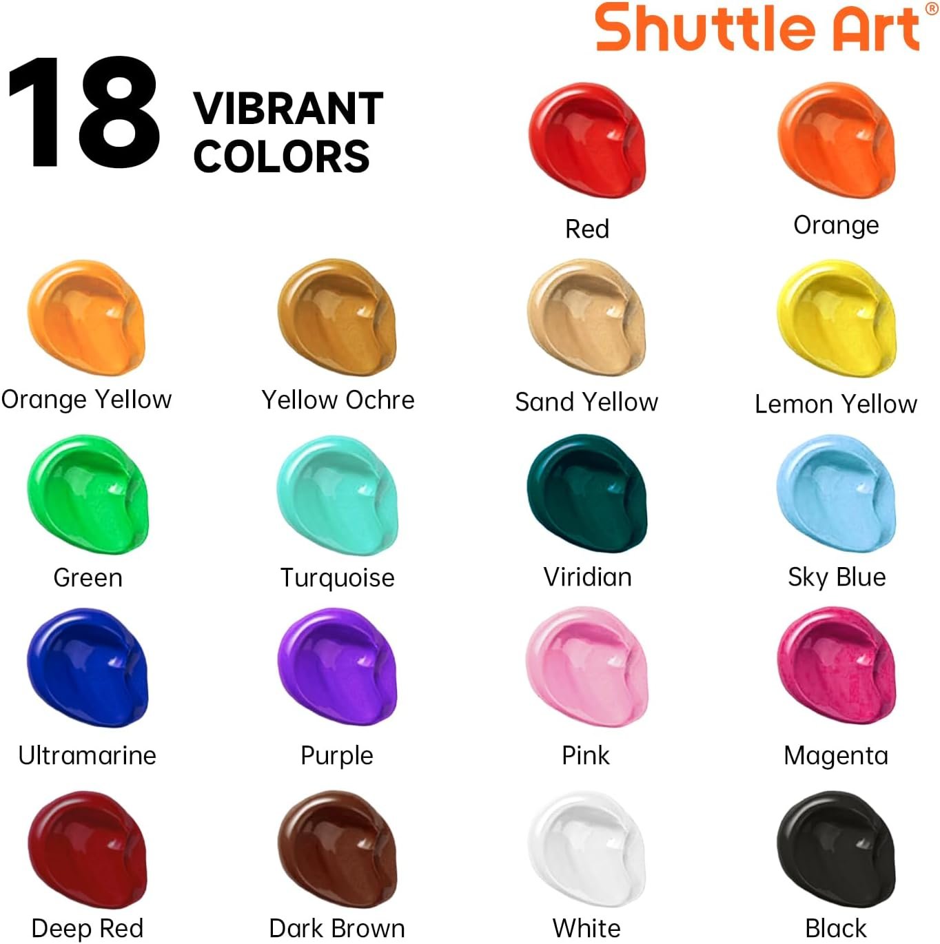 Shuttle Art 18 Colors Acrylic Paint Bottle Set (250ml/8.45oz), Rich Pigmented Bulk Painting Supplies for Artists, Beginners and Kids on Rocks Crafts Canvas Wood Ceramic - Image 2