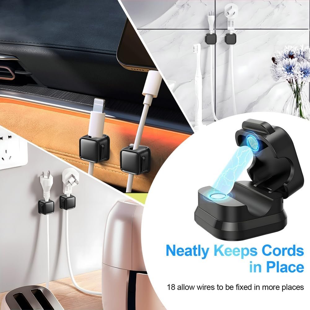 18 Pack Cord Organizer Holder,Magnetic Cable Clips Management,Easy Strong Adhesive Phone USB Charger Cord,Hide Or Organize Desk Cable for Kitchen,Office,Car,Nightstand(Black) - Image 5