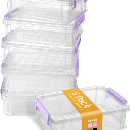 Sooez 6 Pack Extra Large Pencil Box, Plastic Pencil Case Crayon Box Bulk, Clear Marker Organizer Plastic Containers with Lid, Stackable Storage Boxes for Art Craft Pen, Back to School Supplies, Purple