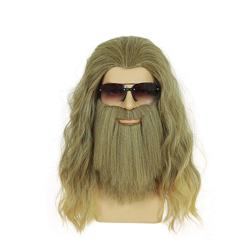 Long Gold Curly Men Wigs Thor Endgame Mustache Heat Resistant Synthetic Wig for Halloween Cosplay Anime Costume Party