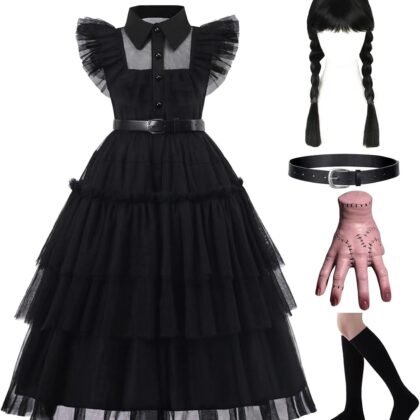 Black Costume Dress, 4-13 Years Girls Outfits with Accessories Dress Up Set, Family Halloween Cosplay Party