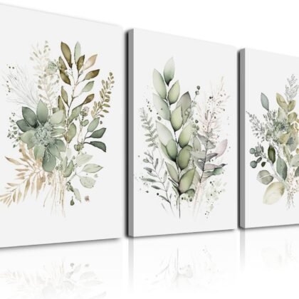 Framed Bathroom Wall Art Set of 3 for Rustic Botanical Prints,Watercolor Botanical Wall Art,Sage Green Painting Eucalyptus Leaf Art Pictures,Modern Boho Floral Wall Decor for Room Living Room Bedroom Decorations,12x16inch