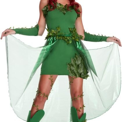 Morph Villain Costume For Women, Green Dress With Fake Leaves, Comic Con Costume For Women, Halloween Outfit