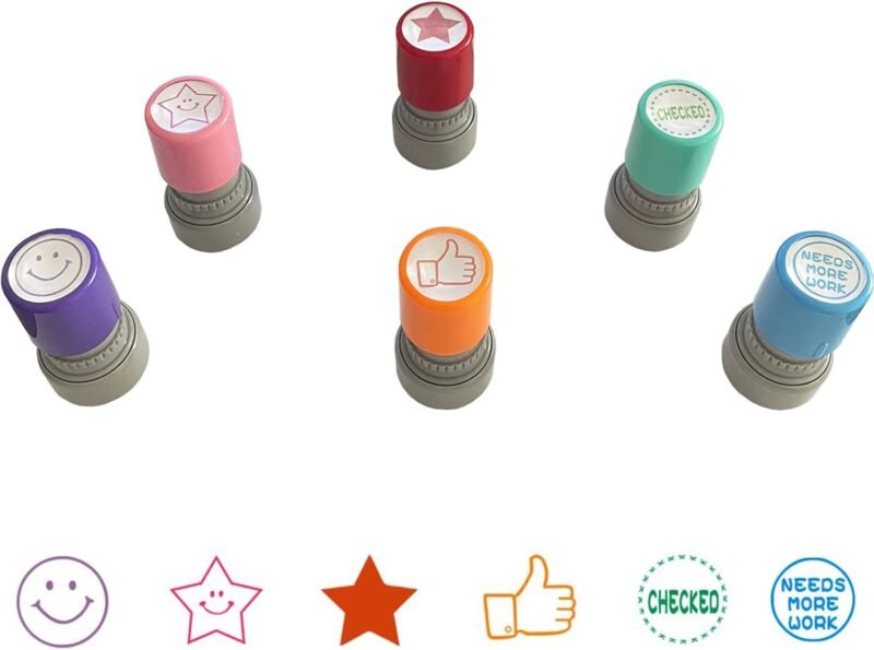 Round Teacher Stamps for Grading Classroom, Set of 6 Color Rubber Teacher Self-Inking Stamp Set for Homework Teacher Supplies-1 - Image 2