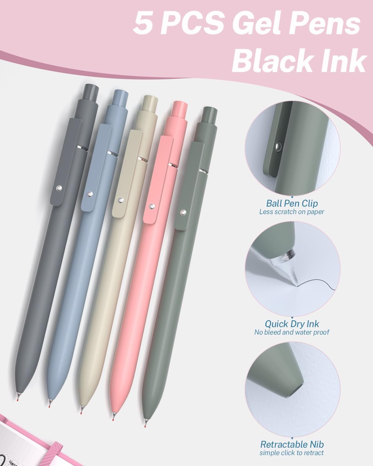 43PCS Aesthetic School Supplies with Pen Case, 5 Black Ink Gel Pens, 12 Pastel Highlighters, 6 Mechanical Pencil Set 0.5 & 0.7 & 0.9 mm, Back To School Supplies for Students Stationary - Image 5