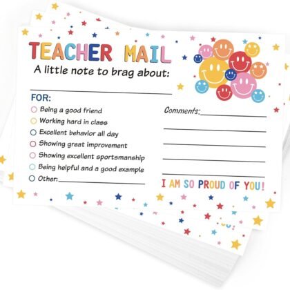 50Pcs Teacher Mail Notes to Parents, Smiley Face Happy Mail Postcards Classroom Good Behavior Incentive Motivational Cards to Send Home for Preschool Kindergarten Elementary School Teacher Supplies
