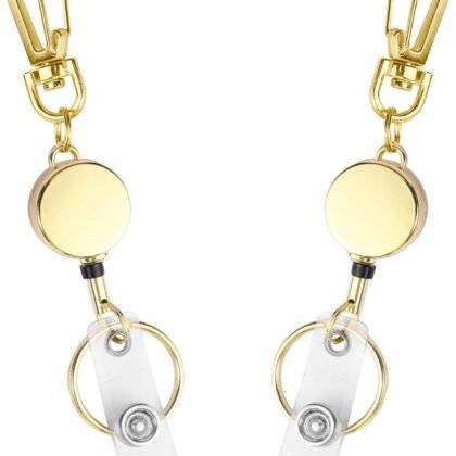 2 Pack Metal Retractable Badge Reel ID Badge Holder with Cord and Carabiner Key Chain (Gold)