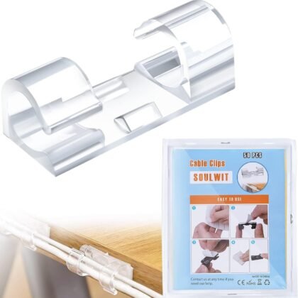 SOULWIT 50 Pcs Self Adhesive Cable Management Clips, Cable Organizers Sticky Wire Clips Cord Holder for TV PC Laptop Ethernet Cable Desktop Home Office (Transparent)