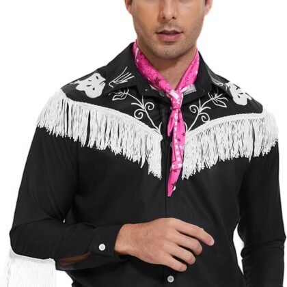 Men Cowboy Costume with Scarf Western Long Sleeve Fringe Shirt for Adult Halloween Cosplay Costume