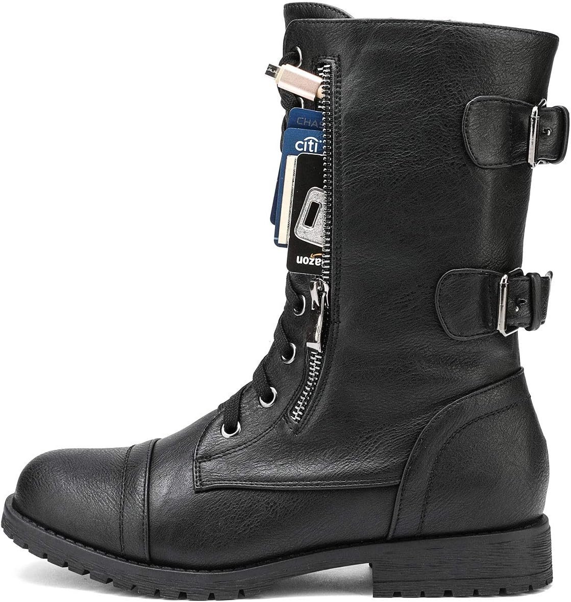 DREAM PAIRS Women's Mid Calf Built-in Wallet Pocket Lace up Military Combat Boots - Image 2