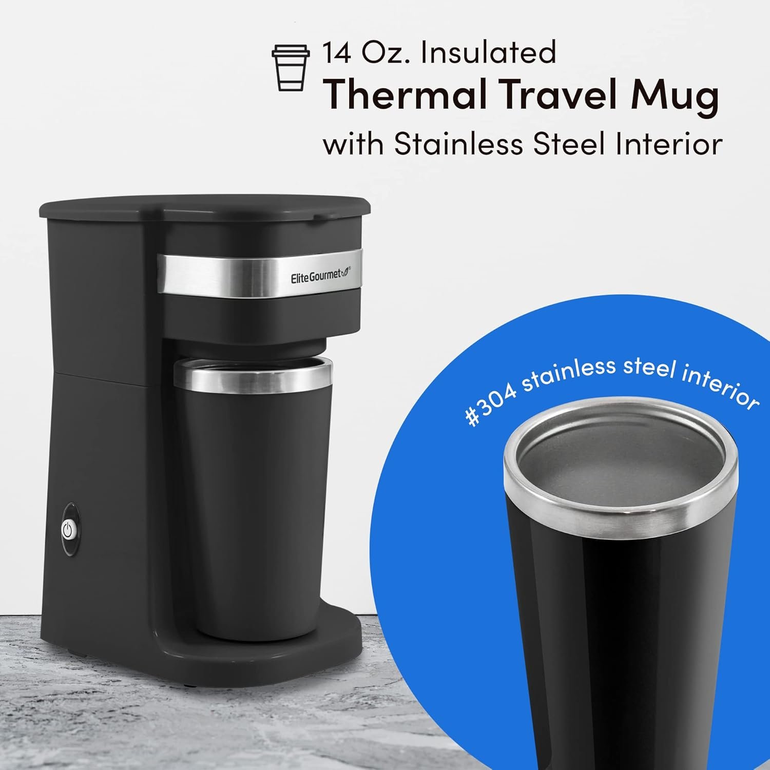 Elite Gourmet EHC114 Personal Single-Serve Compact Coffee Maker Brewer Includes 14Oz. Thermal Travel Mug with Stainless Steel Interior, Compatible with Coffee Grounds, Reusable Filter, Black - Image 5