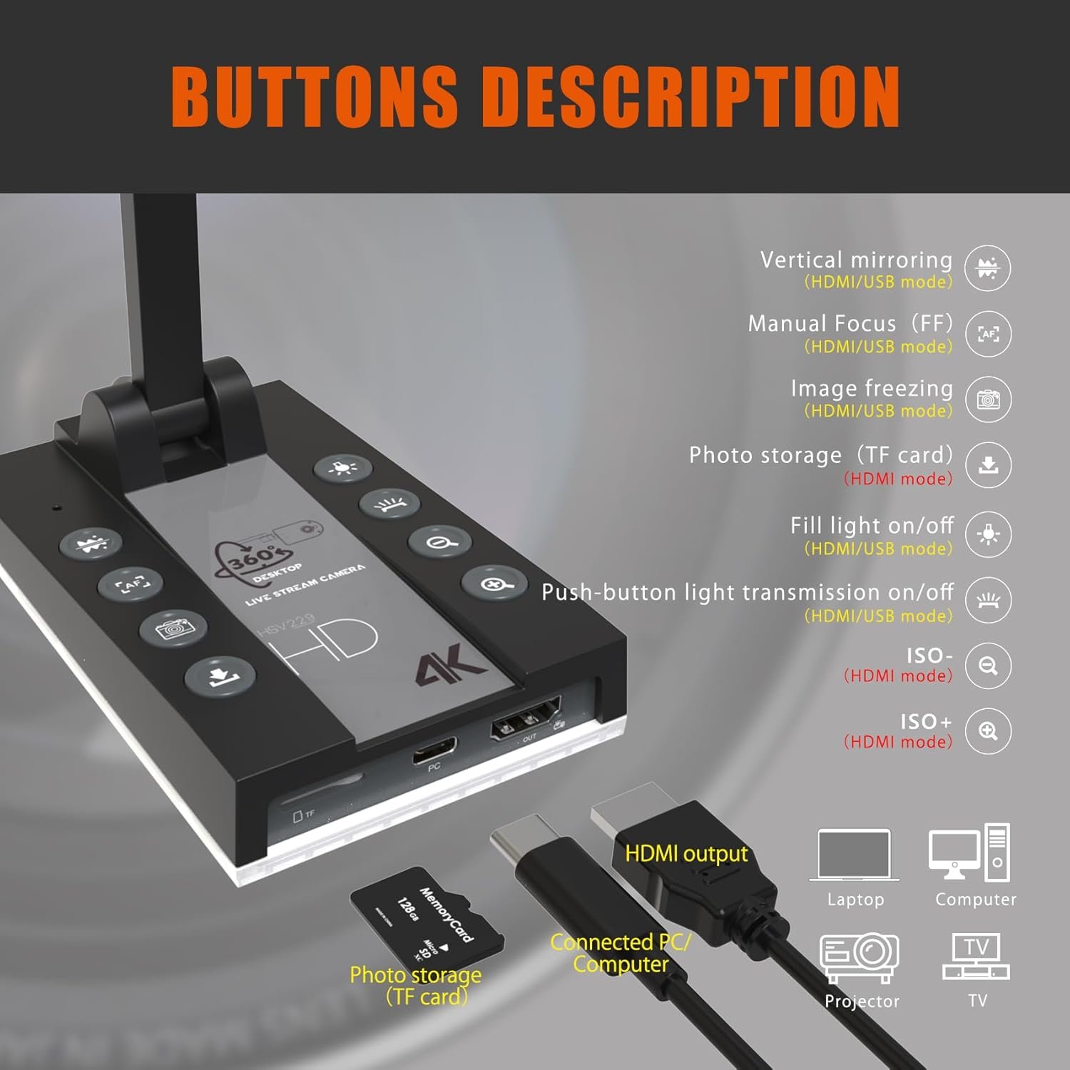 TreasLin Document Camera for Teachers HDMI USB-C 15MP HDIM Document Camera, Remote Learning Classroom Presentations Camera Art Classes Online Teaching with Multi Angle Rotation Adjustment LED Light - Image 3