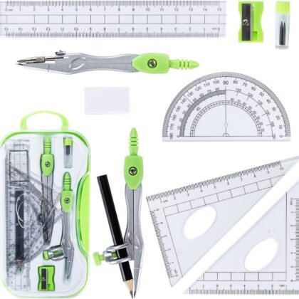 10 Pieces Math Geometry Kit Set with Shatterproof Storage Box, Student Supplies Includes Rulers,Protractor,Compass,Pencil Sharpener,Lead Refills,Pencil,Eraser for School and Drawings
