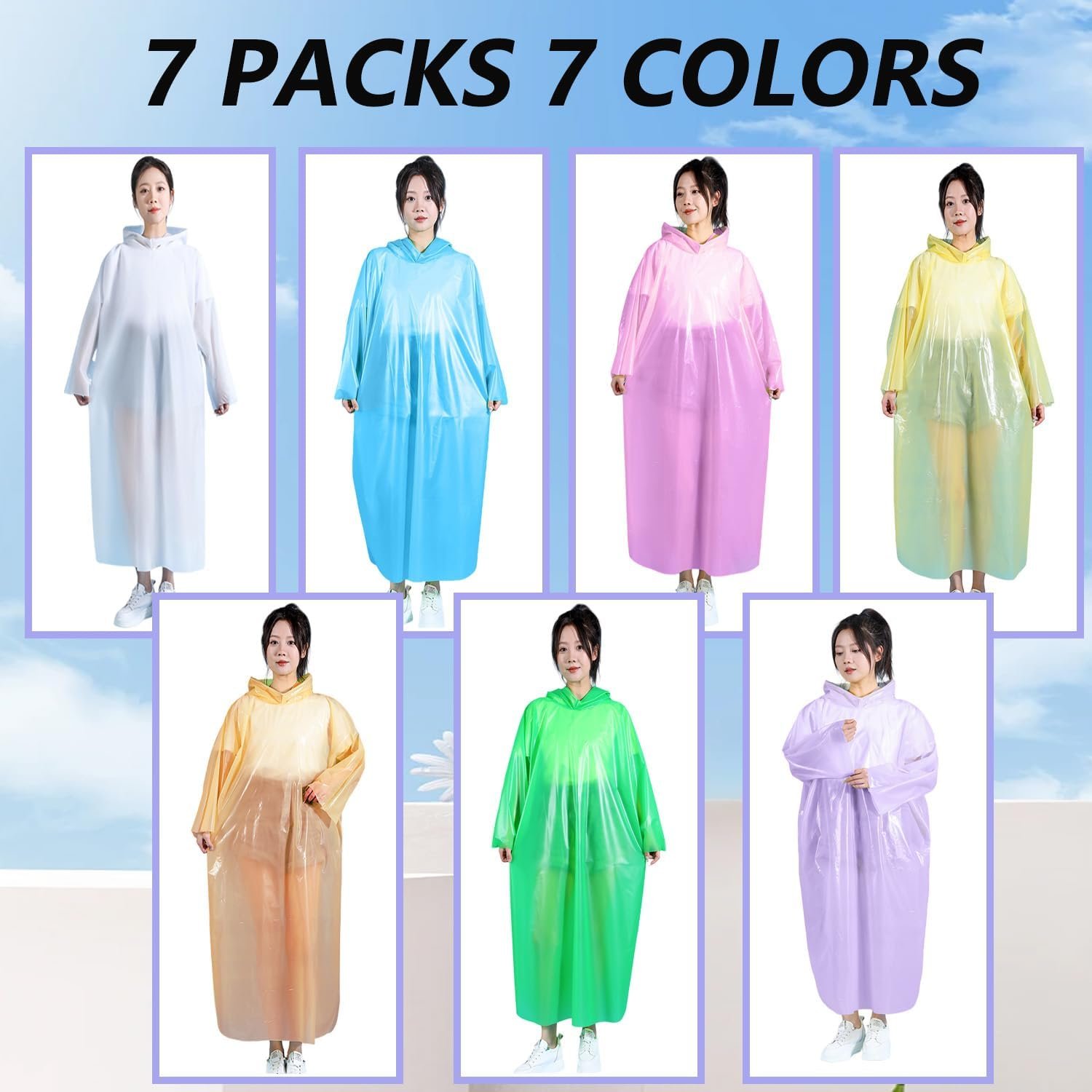 Disposable Rain Poncho Emergency Ponchos Rain Coat for Adults Women Men Compact Size 7 Packs 7 Color - Image 6