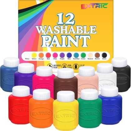 EXTRIC Washable Paint for Kids 12 Color, Non-Toxic Tempera Kid Paint 2 oz Bottles, Vibrant Pigments, Easy-Clean Toddler Paints, Kids Painting Set Arts and Crafts Supplies