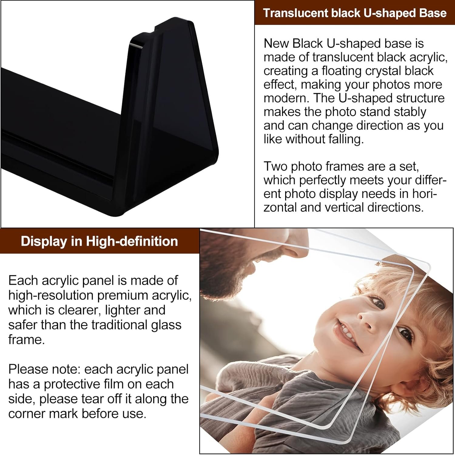 Boxalls 2 Pack Acrylic Picture Frames 4x6 with Translucent Black Base Stand, Frameless Photo Frame for Tabletop or Desktop Display (Horizontal + Vertical) - Image 2