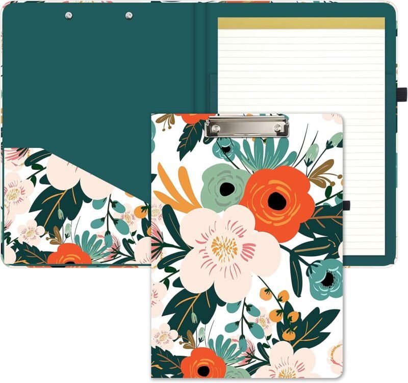 Hongri Clipboard Folio with Refillable Lined Notepad and Interior Storage Pocket for Students, Classroom, Office, Women, Man, Cute Custom Pattern, Size 12.8 x 9.2 in, Classic Flower