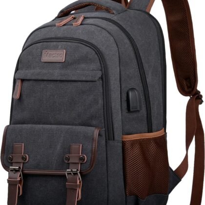 Mactso Canvas Travel Laptop Backpack for Men Women, Business Work Rucksack College School Computer Bag Fits 15.6 Inch Notebook,Bookbag with USB Charging Port (Black, 15.6 Inch)