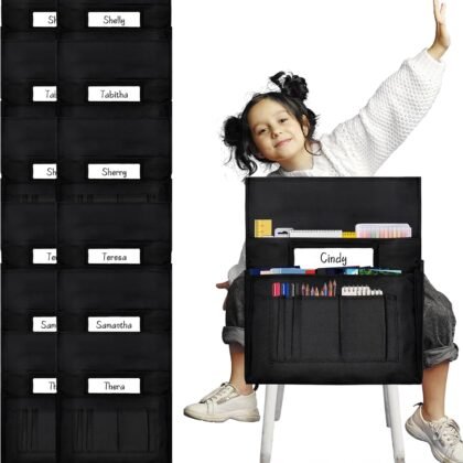 12 Pcs Classroom Chair Pockets, 18.5 x 15.3 inch Black Chair Pockets For Classroom, Seat Sacks for Classroom Chairs, Buddy Pocket, Chart Seat Back Organizer with Name Tag