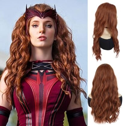 GNIMEGIL 25“ Long Red Brown Scarlet Witch Cosplay Wigs for Women Heat Resistant Fiber Middle Part Wig Curly Wavy Wigs Natural Synthetic Fiber Wig Drag Queen Party