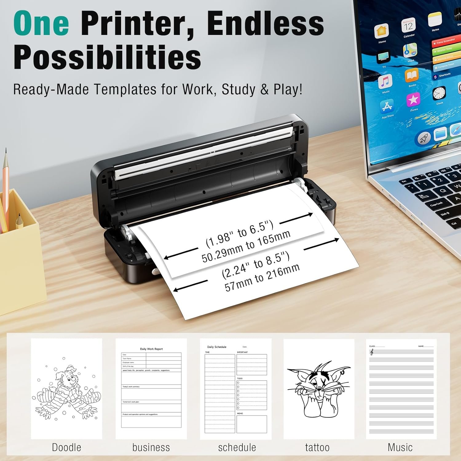Portable Printer Wireless for Travel, Inkless Thermal Printer Supports 8.5 x 11 Inch Thermal Paper, Bluetooth Compatible with iOS, Android, Laptop Includes 2 Rolls & 10 Sheets of Paper Kit - Image 4