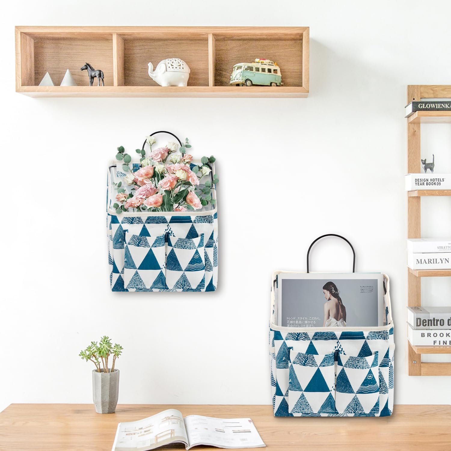 LYroo 2 Pack Wall Hanging Storage Bag Wall Hanging Organizer Basket with Pockets for Bathroom Bedroom Kitchen Dorm Room Essentials Rv Storage and Organization (Blue Triangle) - Image 6